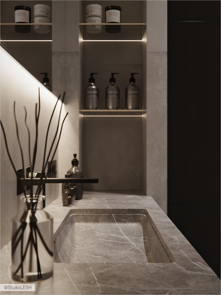 Раковина в ванной с полками 