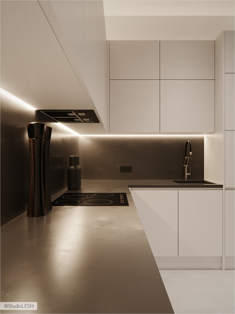 Тёмная столешница и фартук на кухне 