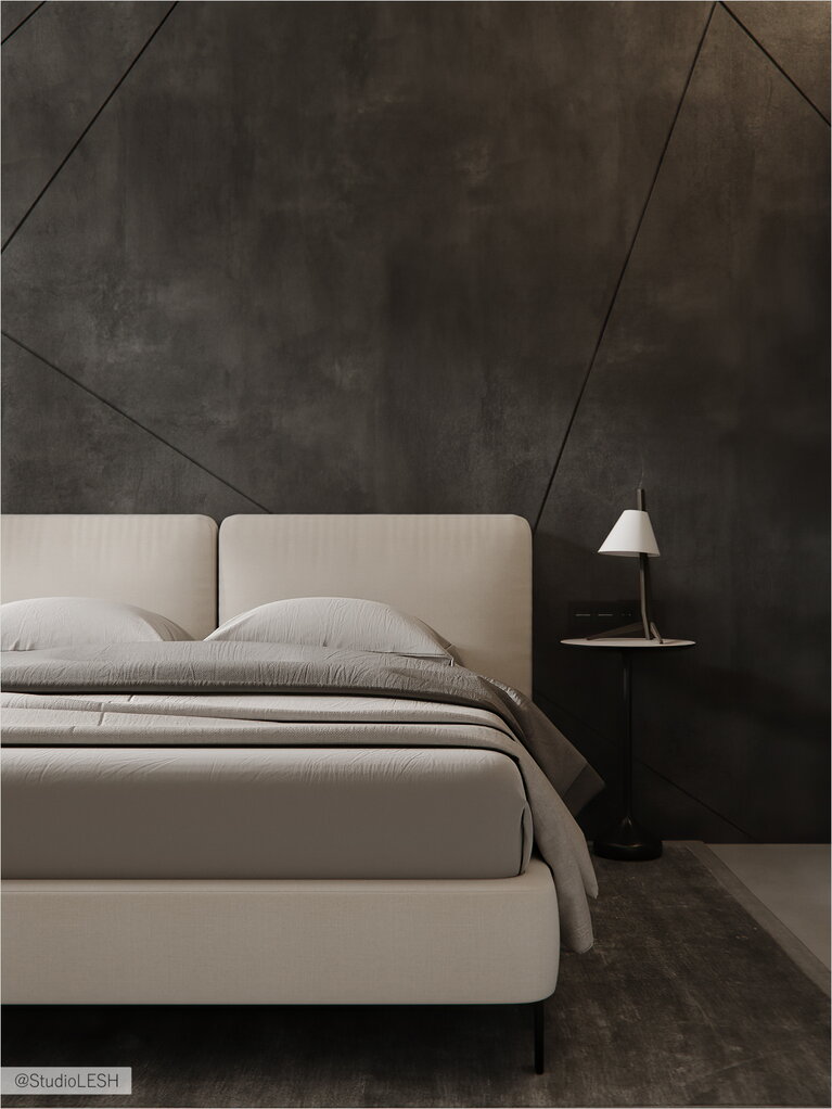 Светлая кровать в тёмной спальне смотреть фото 