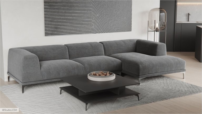 Современный серый диван в гостиной с минималистичным дизайном интерьера