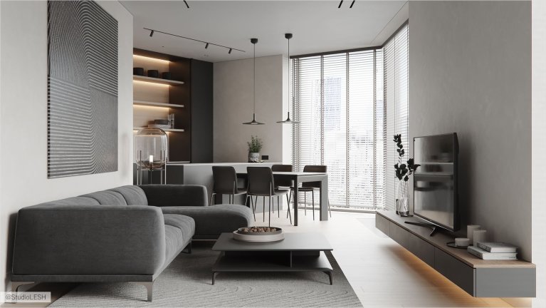 Современная гостиная с серым диваном и панорамными окнами: стильный интерьер в минималистическом стиле