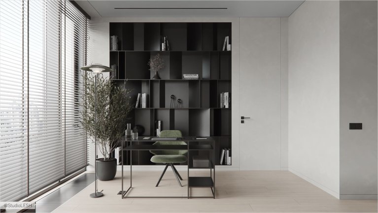 Современный кабинет с минималистичным дизайном, книжным шкафом и рабочим местом у окна.