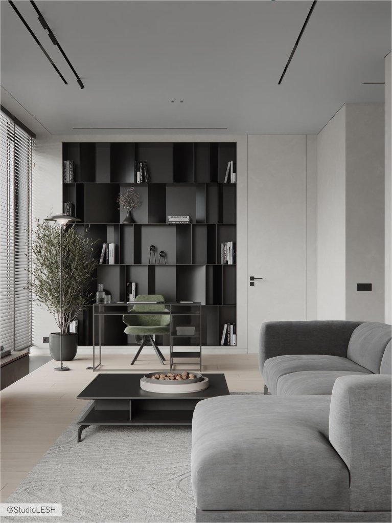 Современный кабинет с минималистическим дизайном, книжным шкафом и рабочим местом у окна.