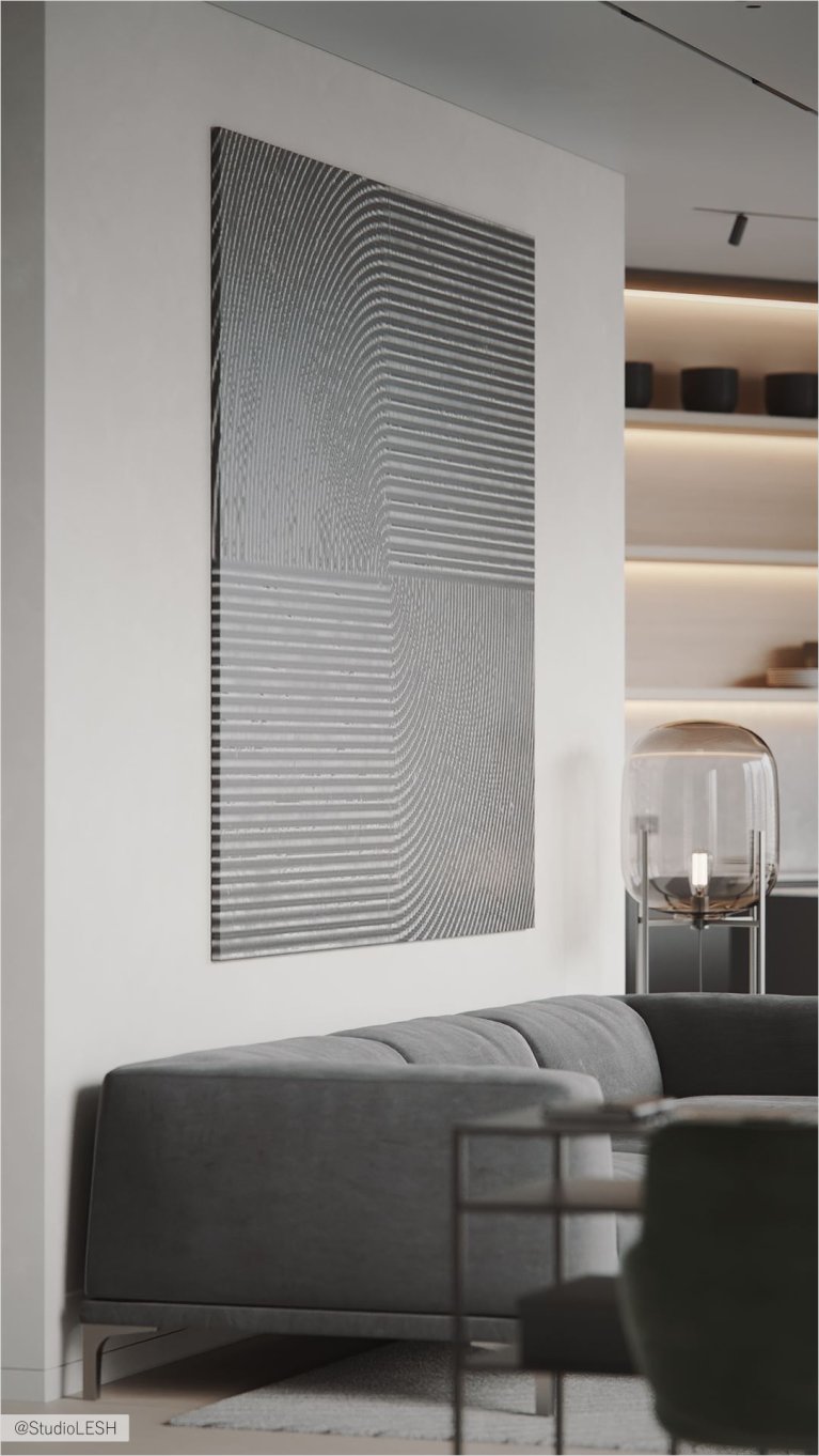 Интерьер современной гостиной: серый диван, журнальный столик, большое окно с видом на город, минималистичный дизайн.