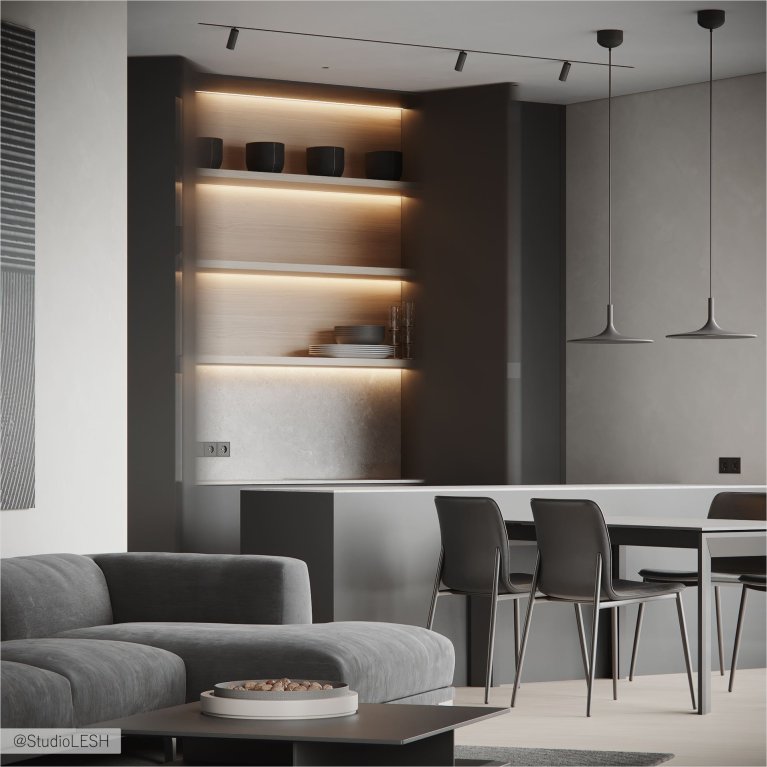 Интерьер современной гостиной: серый диван, журнальный столик, большое окно с видом на город, минималистичный дизайн.