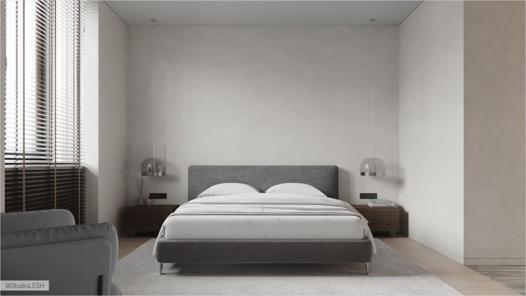 Интерьер современной спальни: кровать с мягким изголовьем из ткани серого цвета, две прикроватные тумбочки с выдвижными ящиками, серый ковер на полу, светлые стены.