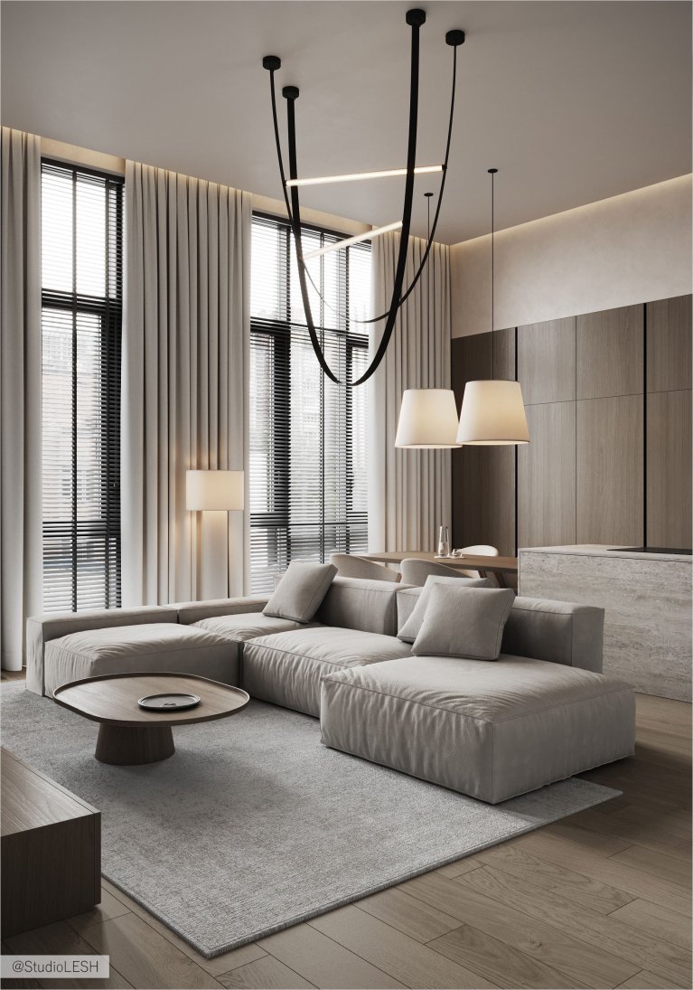 Современная гостиная с серым угловым диваном, минималистичными светильниками и окнами от пола до потолка