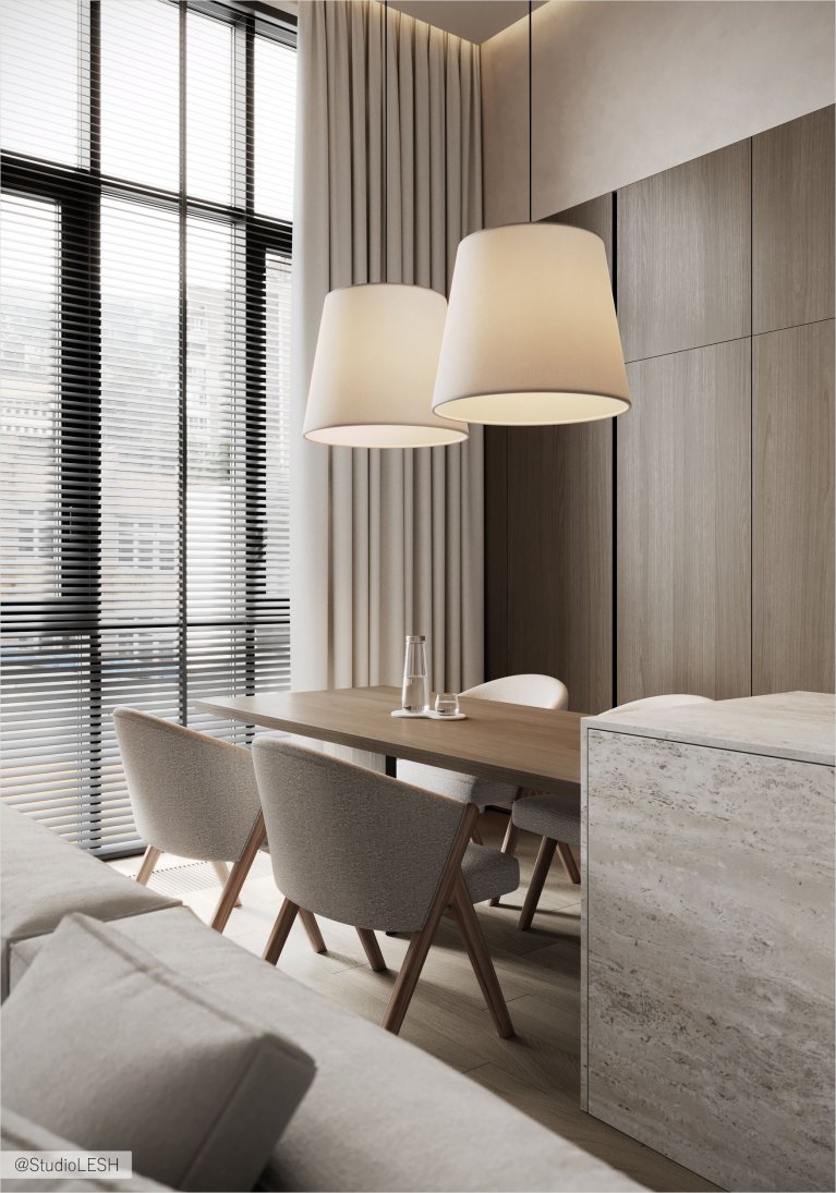 Дизайн современной гостиной с серым угловым диваном, минималистичными светильниками, обеденным столом из светлого дерева и большими окнами от пола до потолка с видом на городской пейзаж.