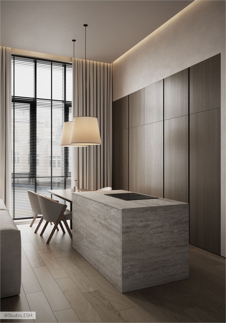 Дизайн современной кухни с серым кухонным гарнитуром, каменным островом, обеденным столом и большими окнами от пола до потолка.