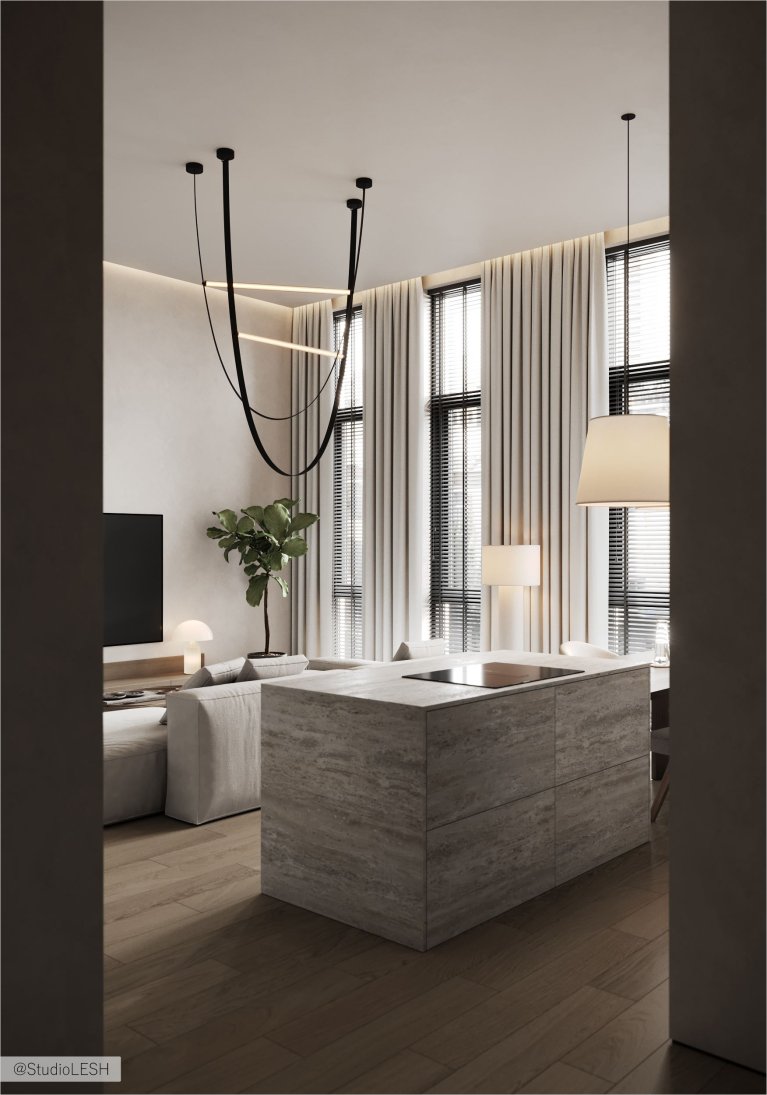 Интерьер современной гостиной с серым угловым диваном, минималистичными светильниками, каменным островом и большими окнами от пола до потолка.
