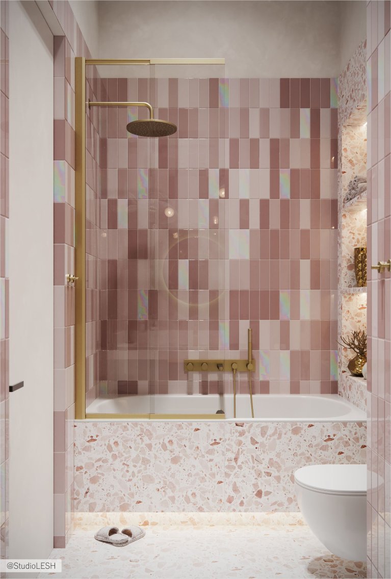 Современная ванная комната с розовой плиткой, ванной и душевой кабиной.