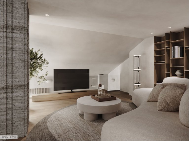 Интерьер современной гостиной с белым диваном, серым креслом, круглым столиком, торшером и большим книжным шкафом на заднем плане