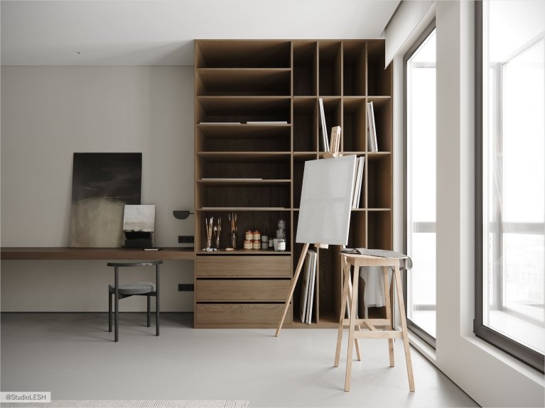 Современная комната художника с мольбертом и стеллажом.