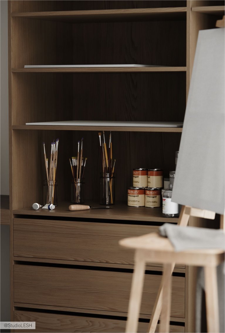 Современная комната художника с мольбертом и стеллажом.