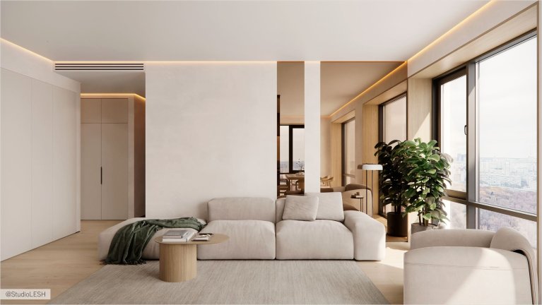 Современный интерьер гостиной с диваном и большим окном