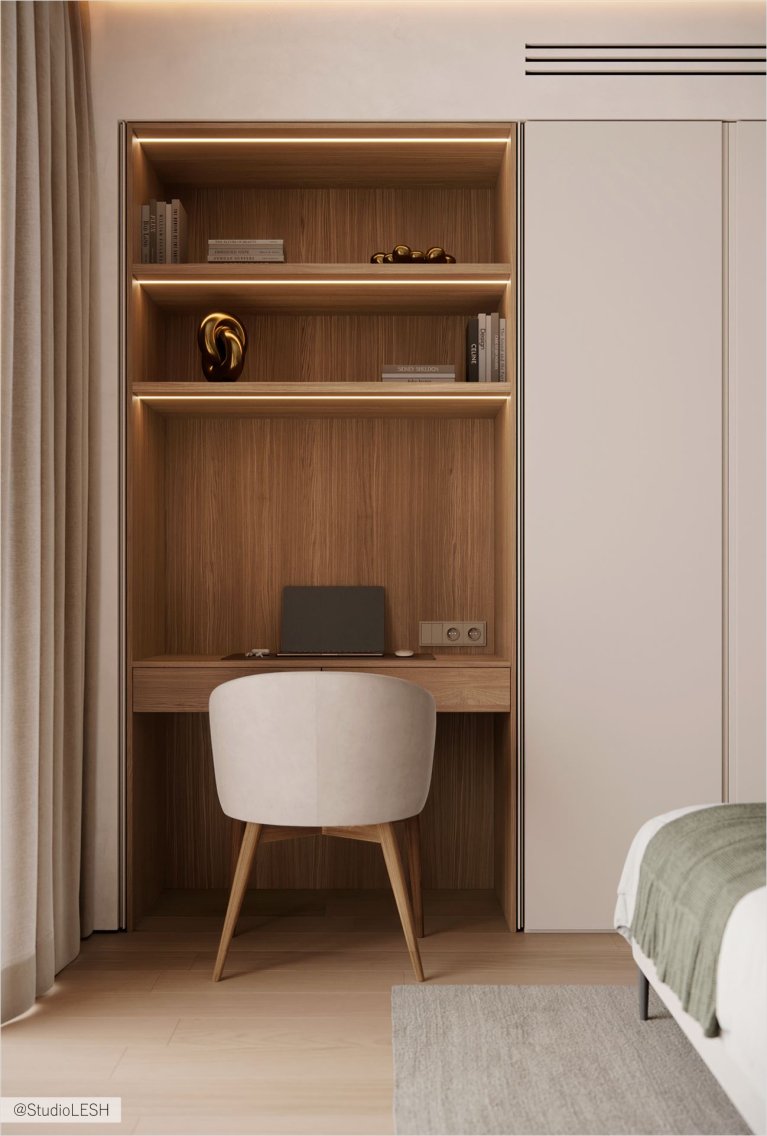 Минималистичный дизайн спальни со светлыми стенами и деревянной мебелью