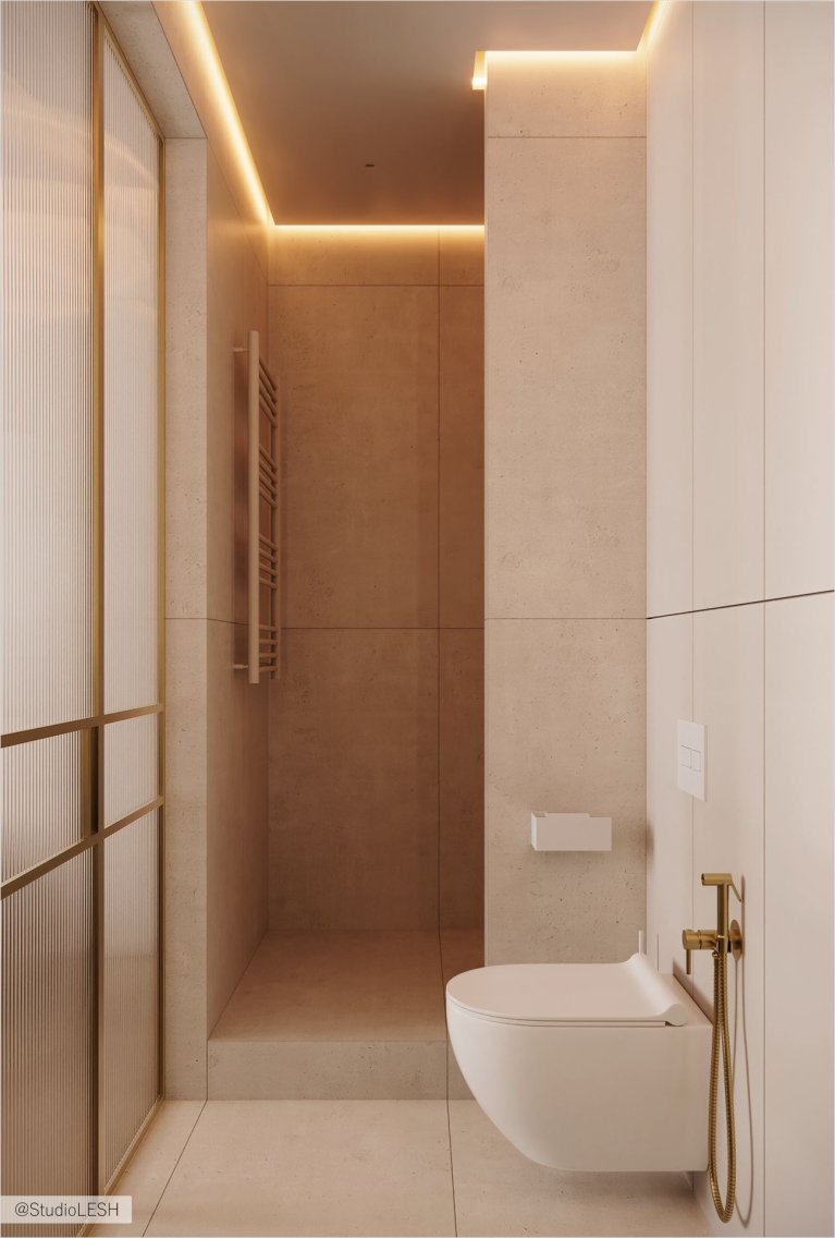 Современный интерьер ванной комнаты с душевой кабиной