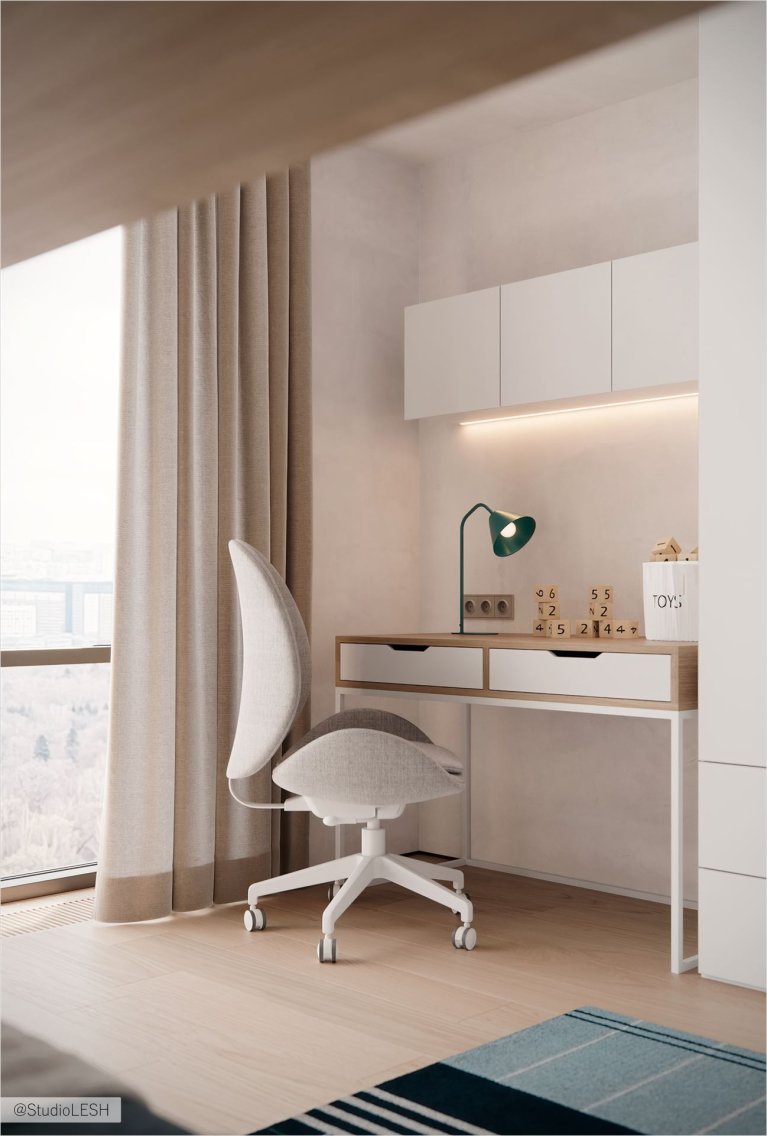 Уютная детская комната с рабочим местом, удобным креслом и стильным декором