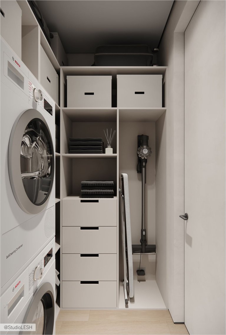 Современный интерьер постирочной со стиральными машинами и системой хранения