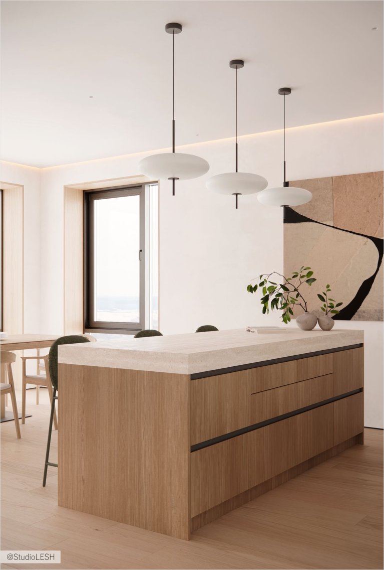 Минималистичный дизайн кухни со светлыми деревянными шкафами и белой столешницей