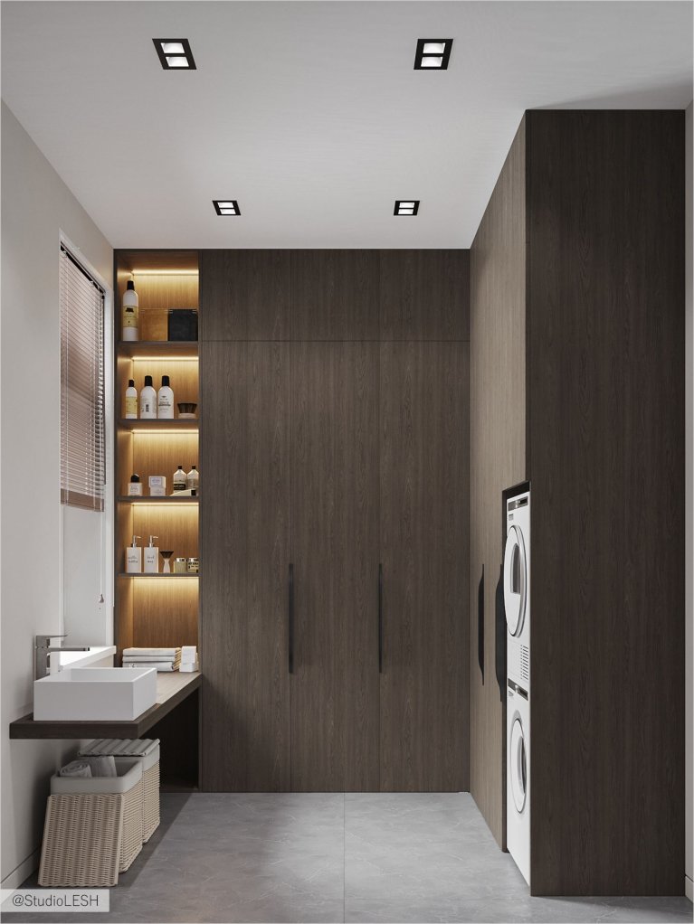 Функциональная и эстетичная ванная комната, где все под рукой. Здесь нет ничего лишнего, только самое необходимое для комфорта и удобства. Прямые линии и простые формы создают ощущение гармонии и завершенности