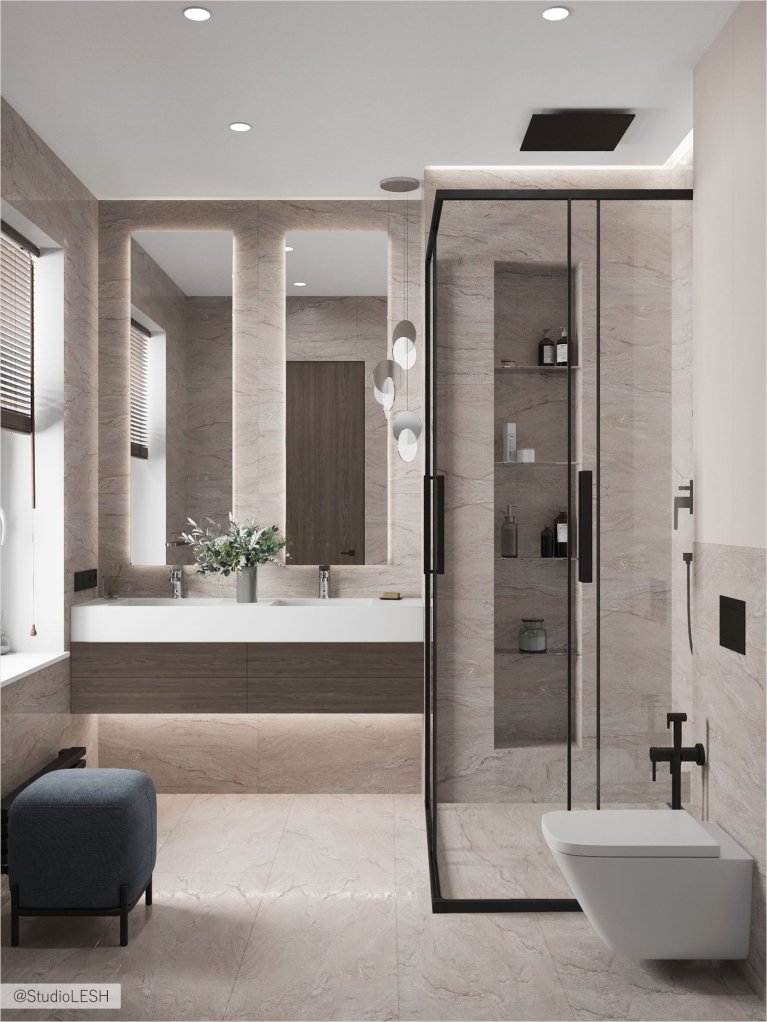 Стильная и современная ванная комната, где каждый элемент имеет свое место. Белая сантехника гармонично сочетается с бежевыми стенами, создавая ощущение гармонии и спокойствия. Игра света и тени подчеркивает глубину пространства и создает уютную атмосферу