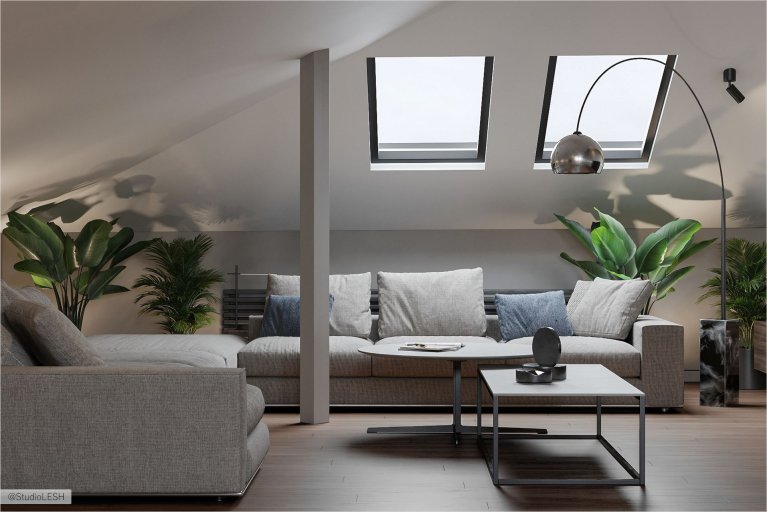 Стильная и светлая гостиная на мансарде, где преобладают минимализм и функциональность. Растения в горшках придают интерьеру индивидуальность и характер