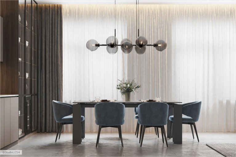 Стильная и современная столовая, где каждый элемент имеет свое место. Темный стол гармонично сочетается со светлым полом, создавая ощущение гармонии и спокойствия. Игра света и тени подчеркивает глубину пространства и создает уютную атмосферу