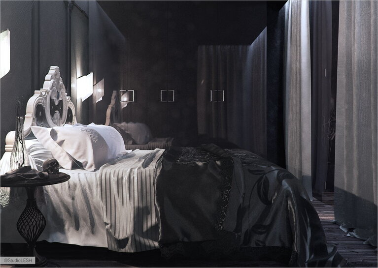 Дизайн интерьера спальной комнаты черного цвета