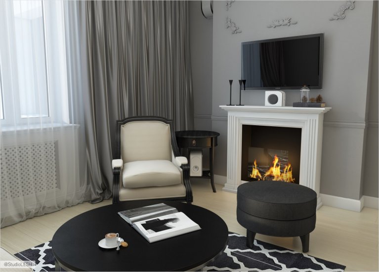 Камин в гостиной в классическом стиле 