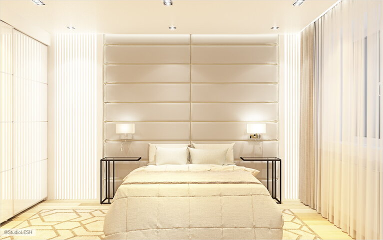 Дизайн проект спальни с мягким изголовьем