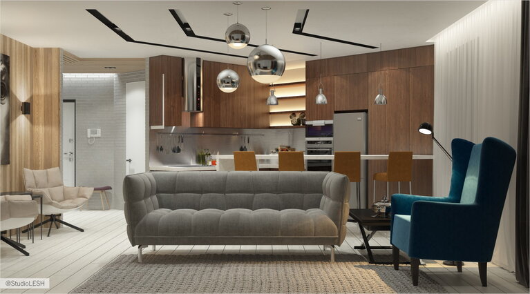 Дизайн проект гостиной, диван, кресло 