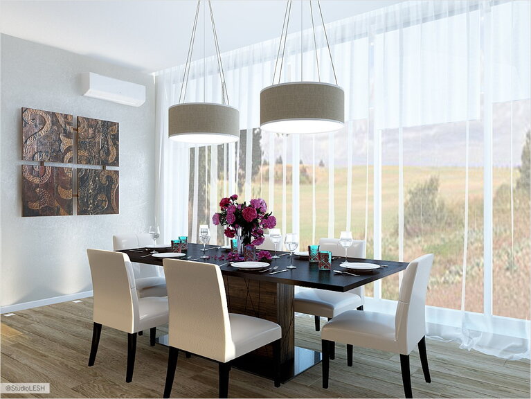 Дизайн интерьера гостиной, обеденный стол 