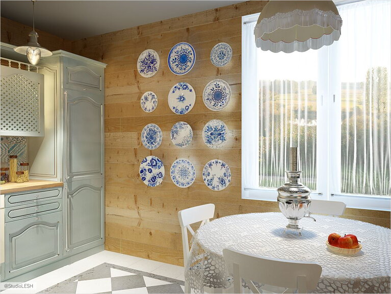 Дизайн столовой в доме, за городом. синий цвет 