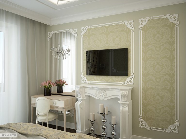 Оформление спальни, молдинги, постельные тона 