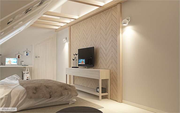 Интерьер комнаты с окном в крыше 