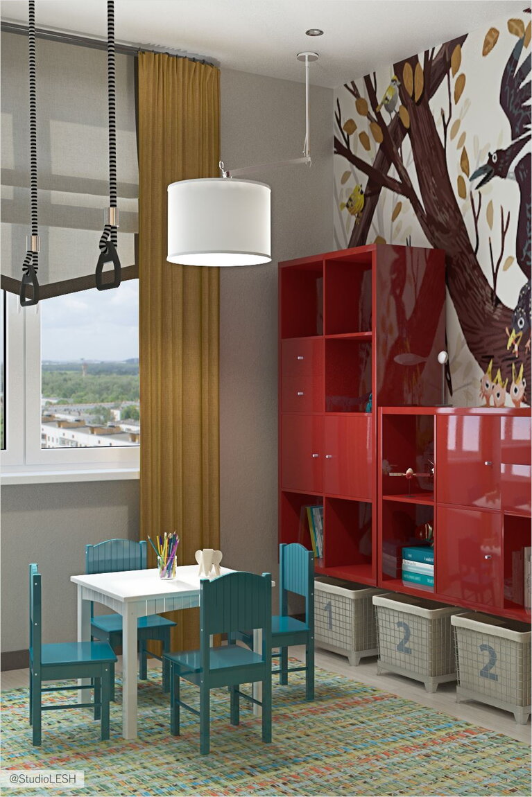 Шкафы и стол для ребенка в детской 