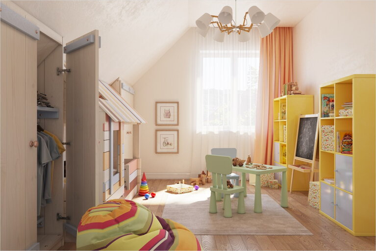 Дизайн детской комнаты для малыша на мансарде 