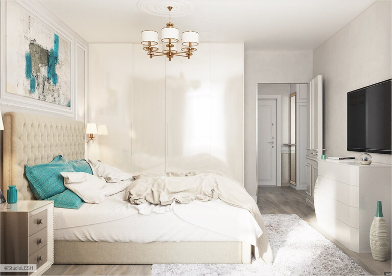 Спальня бирюзовые подушки