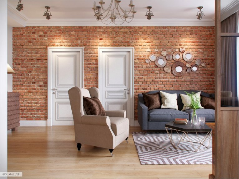 Кирпичная стена в гостиной