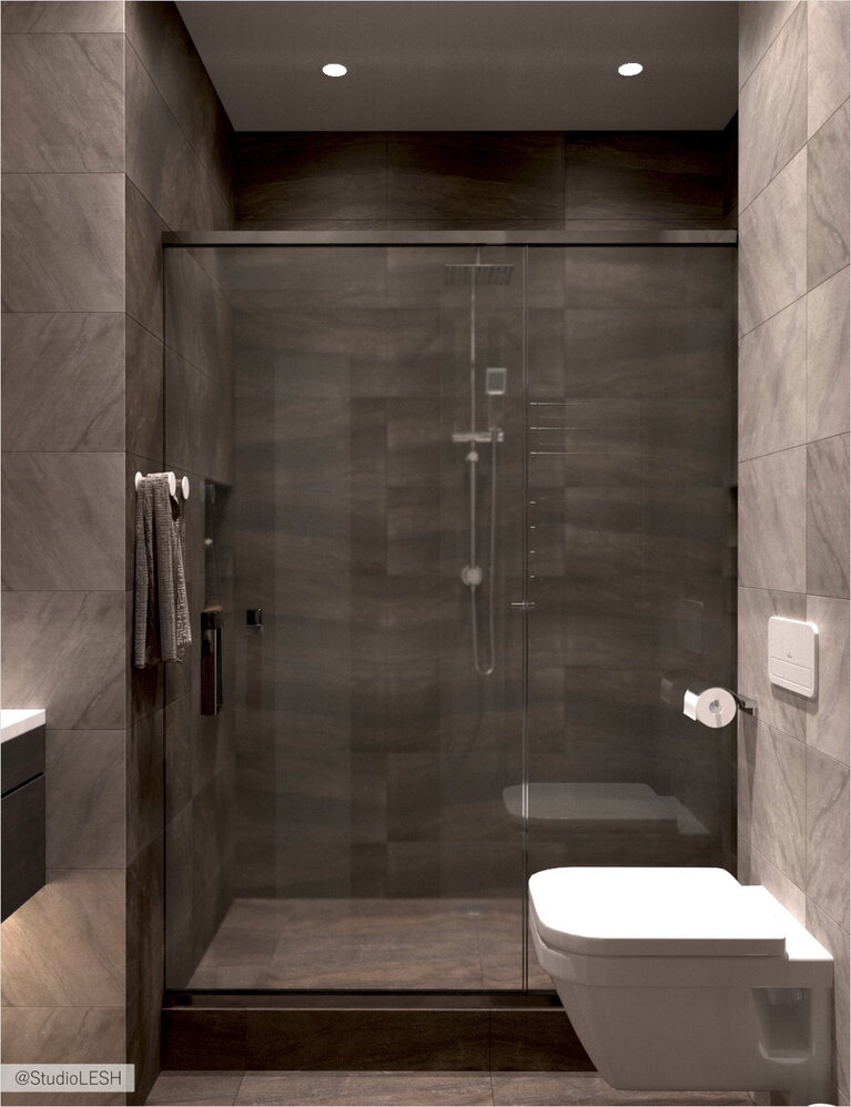 Душевая из темной плитки