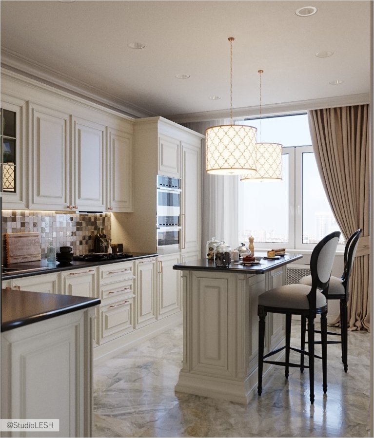 Просторная кухня с классическим фасадом