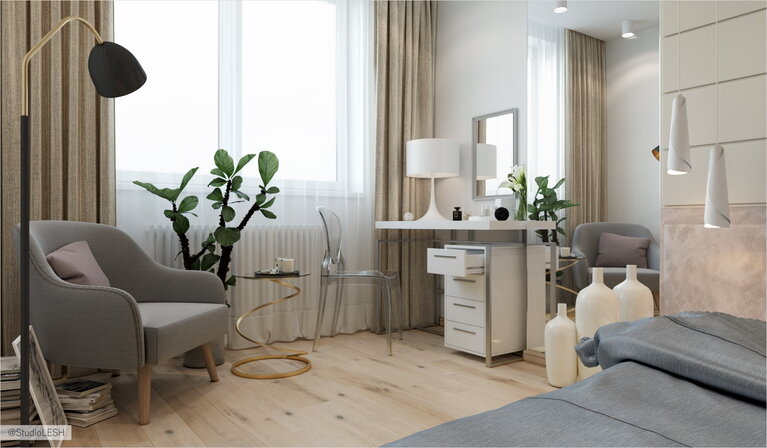 Серая мебель в спальне