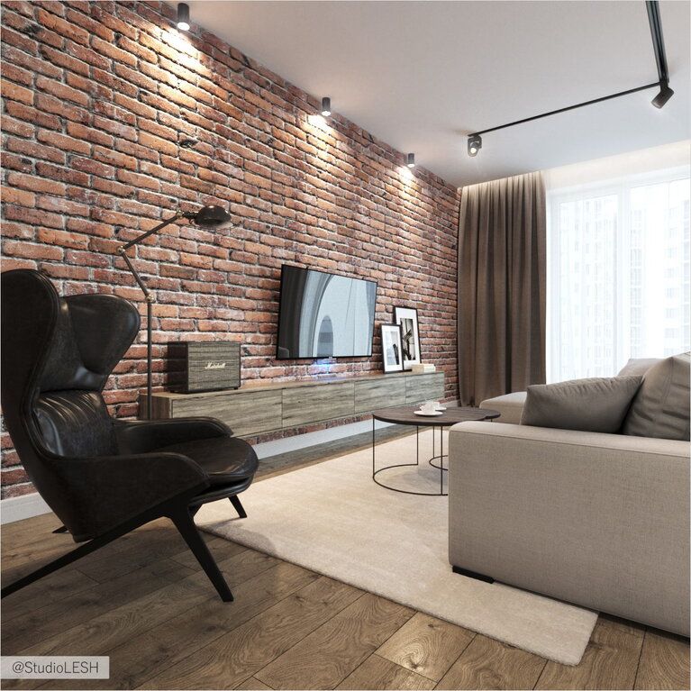 Кирпичная стена в интерьере