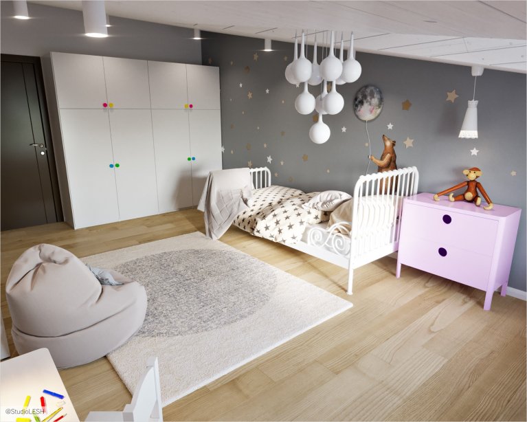 Дизайн интерьера детской со скошенным потолком 