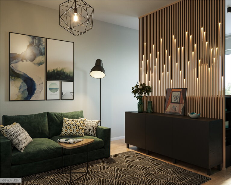 Деревянные рейки в гостиной