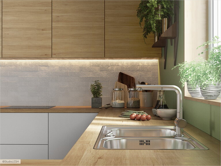 Белая кухня с деревом