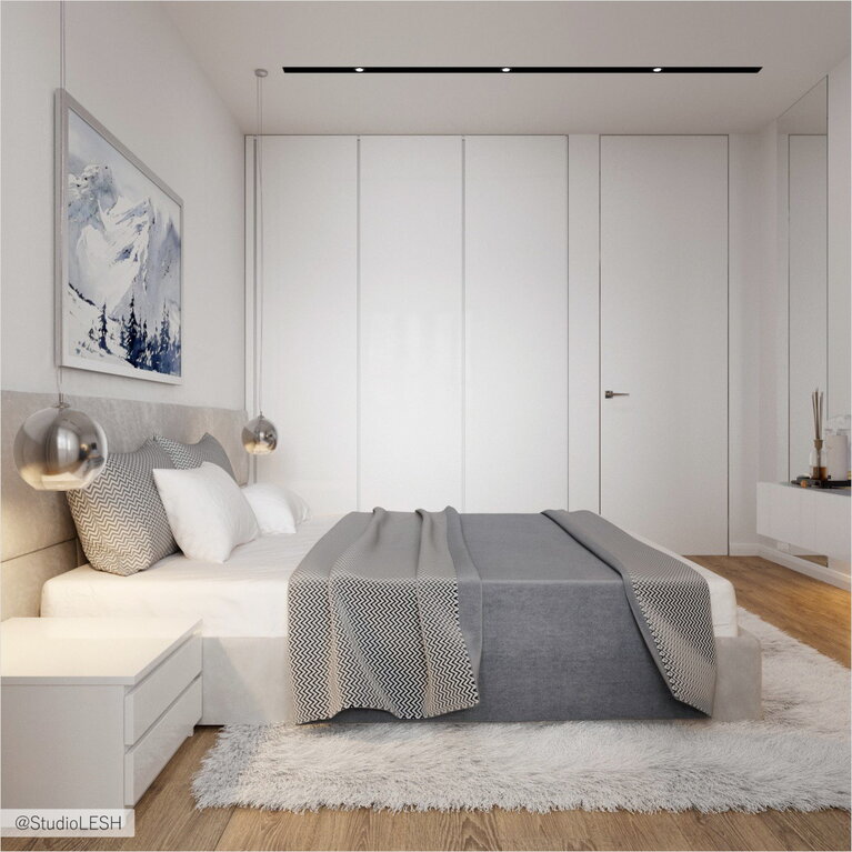 Render Оформление спальной комнаты в серых тонах 