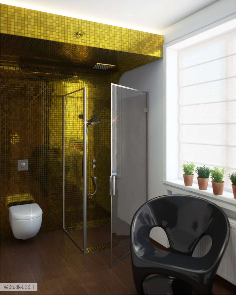Оформление интерьера ванной в золотом цвете