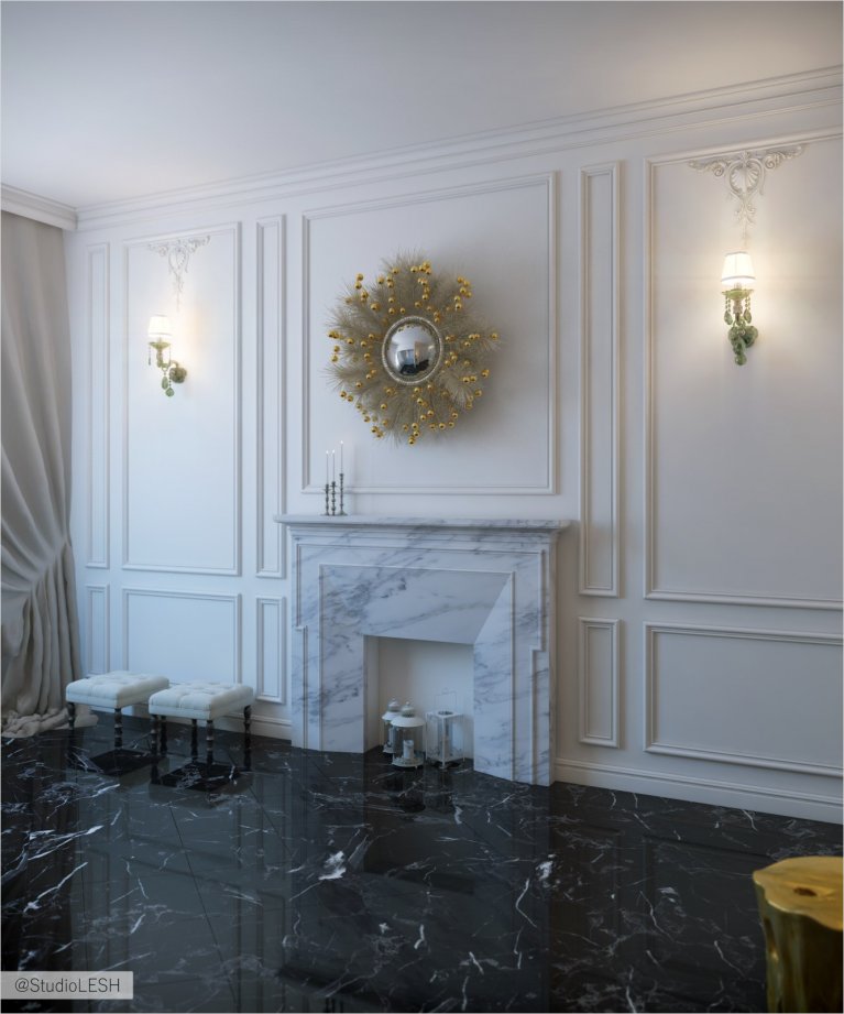 Декоративный камин со свечами в ванной комнате